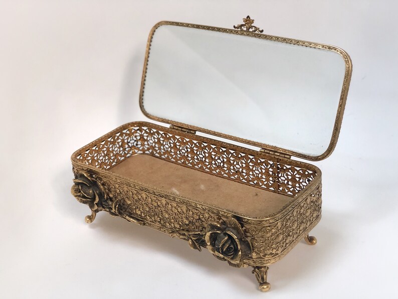White Gold Matson Filigree Ormolu Casket Beveled Glass Antique Floral French Victorian Jewellery Box Rare Vintage Lace Bronze Jewelry Box