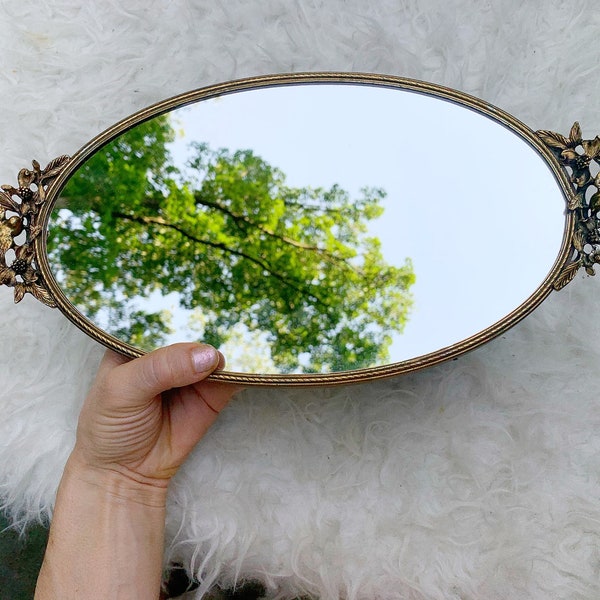 Antique Stylebuilt Birds Leaves Dogwood Flowers Mirror Tray Rare Lace Vintage Filigree Bronze Vanity Bird Floral Art Nouveau ormolu Tray