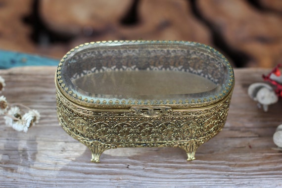 Antique Rare Jewelry Box Vintage Beveled Amber Glass Rose Bronze Unique Jewelry Boho Trinket Floral French Victorian Gold Glass Jewelry Box