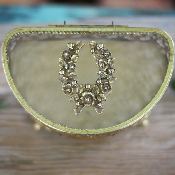 Antique Stylebuilt Beveled Glass Filigree French Victorian Jewelry Box, Rare Vintage Bronze Half Moon Roses Floral Rare Gold Ormolu Casket