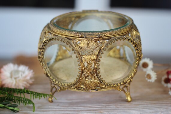 Antique Rare Jewelry Box Vintage Beveled Amber Glass Rose Bronze Unique Jewelry Boho Trinket Floral French Victorian Gold Glass Jewelry Box