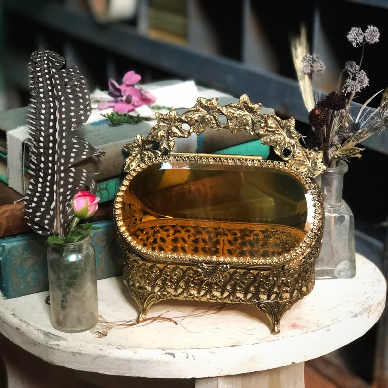 Antique Rare Jewelry Box Vintage Beveled Amber Glass Rose Bronze Unique Jewelry Boho Trinket Floral French Victorian Gold Glass Jewelry Box