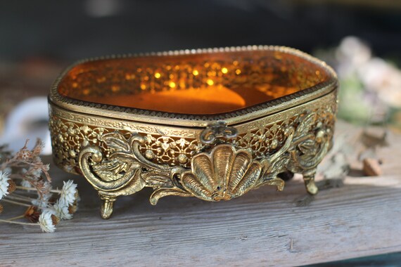 Antique Rare Jewelry Box Vintage Beveled Amber Glass Rose Bronze Unique Jewelry Boho Trinket Floral French Victorian Gold Glass Jewelry Box