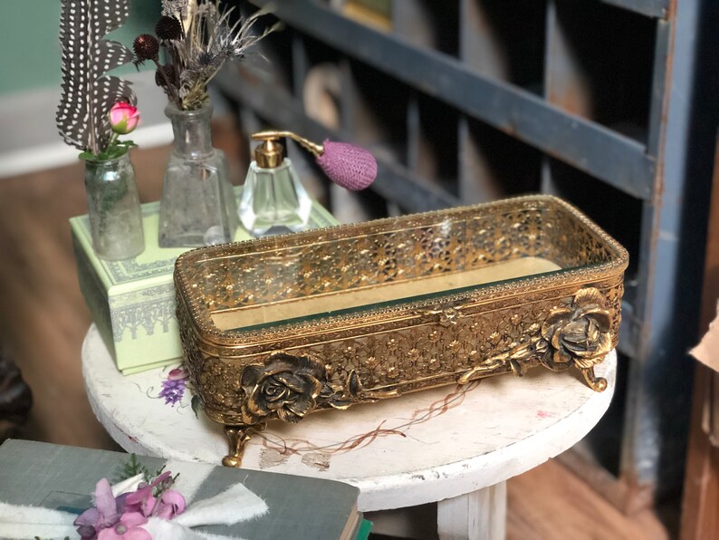 White Gold Matson Filigree Ormolu Casket Beveled Glass Antique Floral French Victorian Jewellery Box Rare Vintage Lace Bronze Jewelry Box