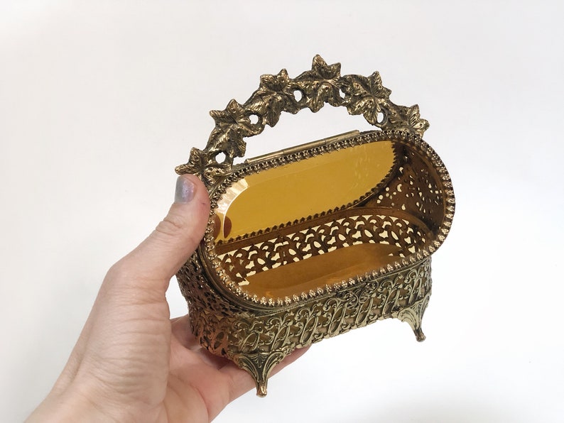Antique Rare Jewelry Box Vintage Beveled Amber Glass Rose Bronze Unique Jewelry Boho Trinket Floral French Victorian Gold Glass Jewelry Box