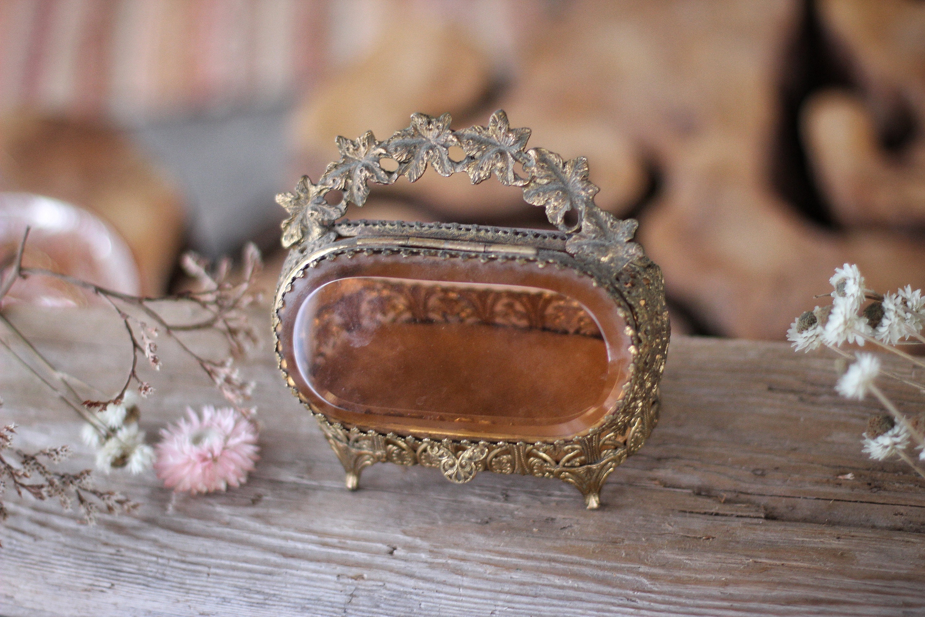 Antique Rare Jewelry Box Vintage Beveled Amber Glass Rose Bronze Unique Jewelry Boho Trinket Floral French Victorian Gold Glass Jewelry Box Etsy