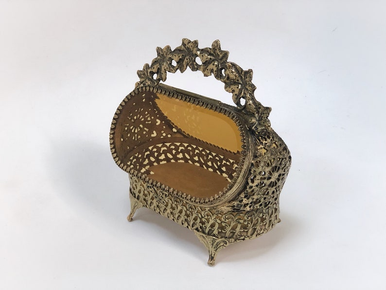 Antique Rare Jewelry Box Vintage Beveled Amber Glass Rose Bronze Unique Jewelry Boho Trinket Floral French Victorian Gold Glass Jewelry Box