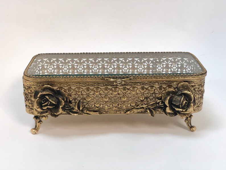 White Gold Matson Filigree Ormolu Casket Beveled Glass Antique Floral French Victorian Jewellery Box Rare Vintage Lace Bronze Jewelry Box
