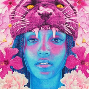 May include: A woman with blue skin and a pink panther head covering her head. She is surrounded by pink flowers.