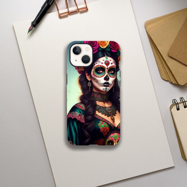 Coque résistante pour femme Sugar Skull - Femme mexicaine La Catrina - Coque à fleurs - Iphone 15 14 13 12 11 X Xs Xr Pro Max Mini - Galaxy S22 S21 S10