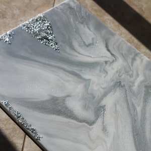 Wall Decor Gray Art on Canvas Glitter Art Geode Wall Art Gray Marble Crystal Art for Living Room Resin Art Stone Wall Art Glam Home Decor