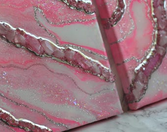 Pink Geode Canvas Art Set: Rose Quartz Crystal Resin Painting