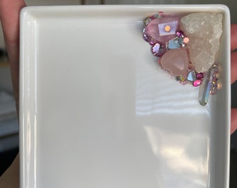 Pink Crystal Plate Dish  / Jewelry holder, glam tray, sage holder, vanity, makeup storage, home decor, catch all, rose quartz, glitter