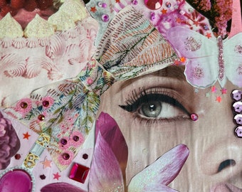 Art mural rose collage techniques mixtes 10 x 10 paillettes, strass, perles | art de la mode girly scintillant | déco rose | Coquette esthétique
