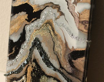 Abstract Resin Geode Painting with Crushed Glass & Gold Glitter | Black White Copper marble 11x14