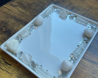 Plat/porte-bijoux en cristal de quartz, plateau glam, support de sauge, vanité, rangement de maquillage, décoration intérieure, fourre-tout, paillettes blanches et argentées