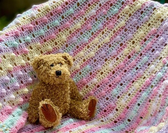 Dotty about Bobbles! Easy Modern Bobble Filet Blanket Pattern by Melu Crochet beginner UK & US Baby Afghan comforter for unisex/boy/girl