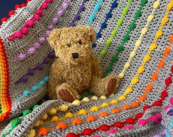 Unique Oblique Rainbow Bobble Blanket pattern by Melu Crochet Baby Afghan comforter and throw for unisex/boy/girl or home