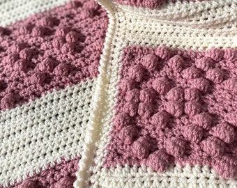 Double Sided Bobble Heart Blanket Pattern by Melu Crochet easy to read UK & US Baby Afghan comforter and throw for unisex/boy/girl or home