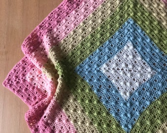 Dotty about Bobbles! Square blanket Rainbow Easy Modern Bobble Filet Pattern by Melu Crochet beginner Baby Afghan comforter unisex/boy/girl