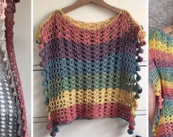 Adult Size MEDIUM Melu Crochet Summer Bobble Pom Pom Poncho Pattern including chart Ladies/womens/woman/adult/women easy to read UK & US