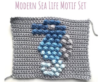 Modern Crochet Bobble stitch chart Squares narwhal, fish, turtle, seahorse, octopus, whale, boat, anchor, jellyfish, starfish Sea Life Motif