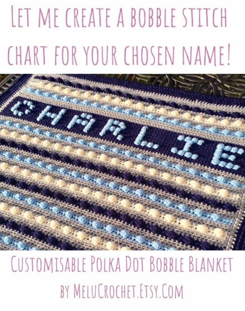 Personalisierte Babydecke Name Polka Dot Bommel/Bubble Stitch Modernes Tröstermuster von Melu Crochet Junge/Mädchen personalisieren Krippe Bild 1