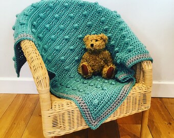 Easy Modern Diagonal Bobble Filet Blanket Pattern by Melu Crochet beginner UK & US Baby Afghan comforter and throw for unisex/boy/girl/home