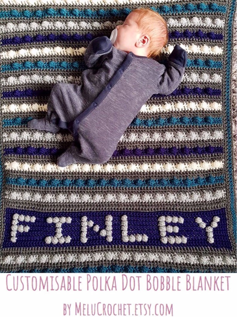 Customisable baby blanket Create your own bobble stitch Chart Baby Name Polka Dot / Customize Modern pattern Melu Crochet boy/girl crib image 1