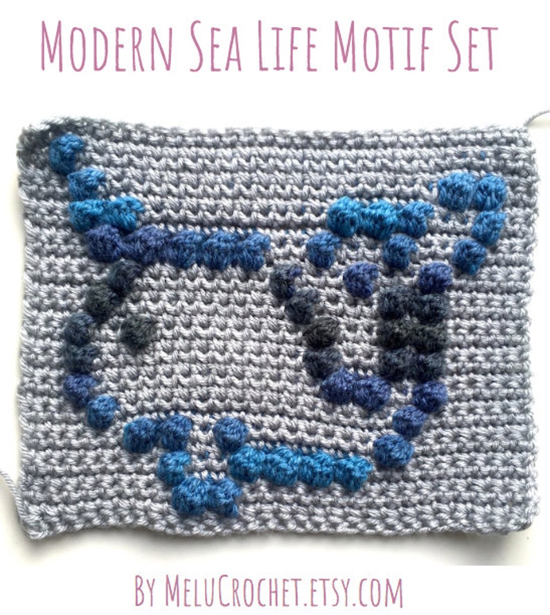 Modern Crochet Bobble stitch chart Squares narwhal, fish, turtle, seahorse, octopus, whale, boat, anchor, jellyfish, starfish Sea Life Motif image 8