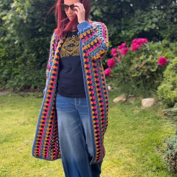 Granny Stripes Flexi Hexi Longline Cardi crochet pattern by Melu Crochet extended hexagon, no sew construction, 5 sizes and 11 lengths!