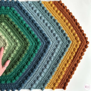 hand stroking a multi coloured  crochet hexagonal bathmat