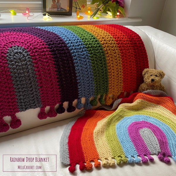 Rainbow Drop Blanket pattern by Melu Crochet Baby Afghan comforter and throw for unisex/boy/girl or home