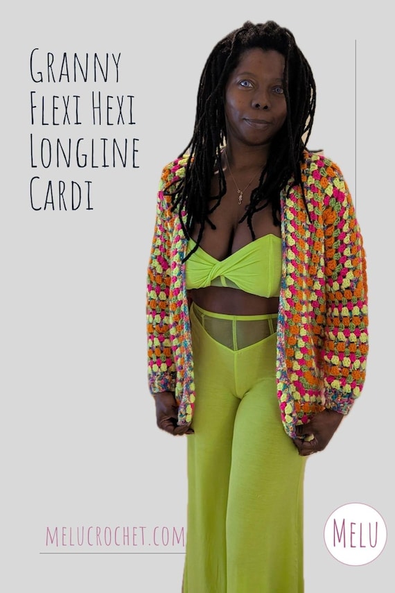 Granny Flexi Hexi Longline Cardi Pattern by Melu Crochet Inclusive