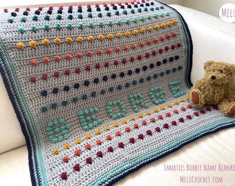 Smarties Bobble Name Blanket - any name can be added to this modern customisable pattern by Melu Crochet for boy/girl/baby/toddler/pet