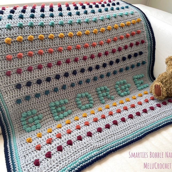 Smarties Bobble Name Blanket - any name can be added to this modern customisable pattern by Melu Crochet for boy/girl/baby/toddler/pet