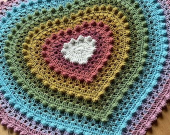 Bobblina Heart Blanket Rainbow pattern by Melu Crochet Baby Afghan throw for unisex/boy/girl or home