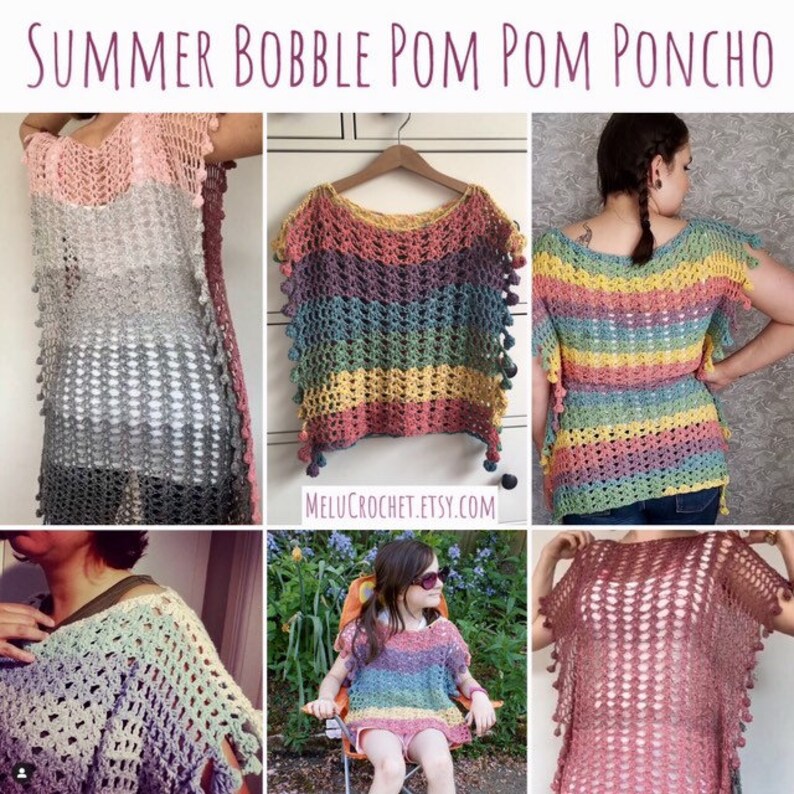 Adult Size LARGE Melu Crochet Summer Bobble Pom Pom Poncho Pattern including chart Ladies/womens/woman/adult/women easy to read UK & US image 5