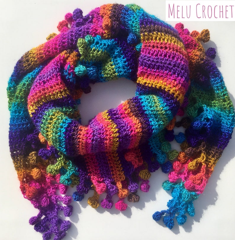 Big Cozy Bobble Pom Pom Shawl Wrap scarf by Melu Crochet pattern self stripe Ladies/womens/woman bobble/popcorn stitch easy quick chart incl image 2