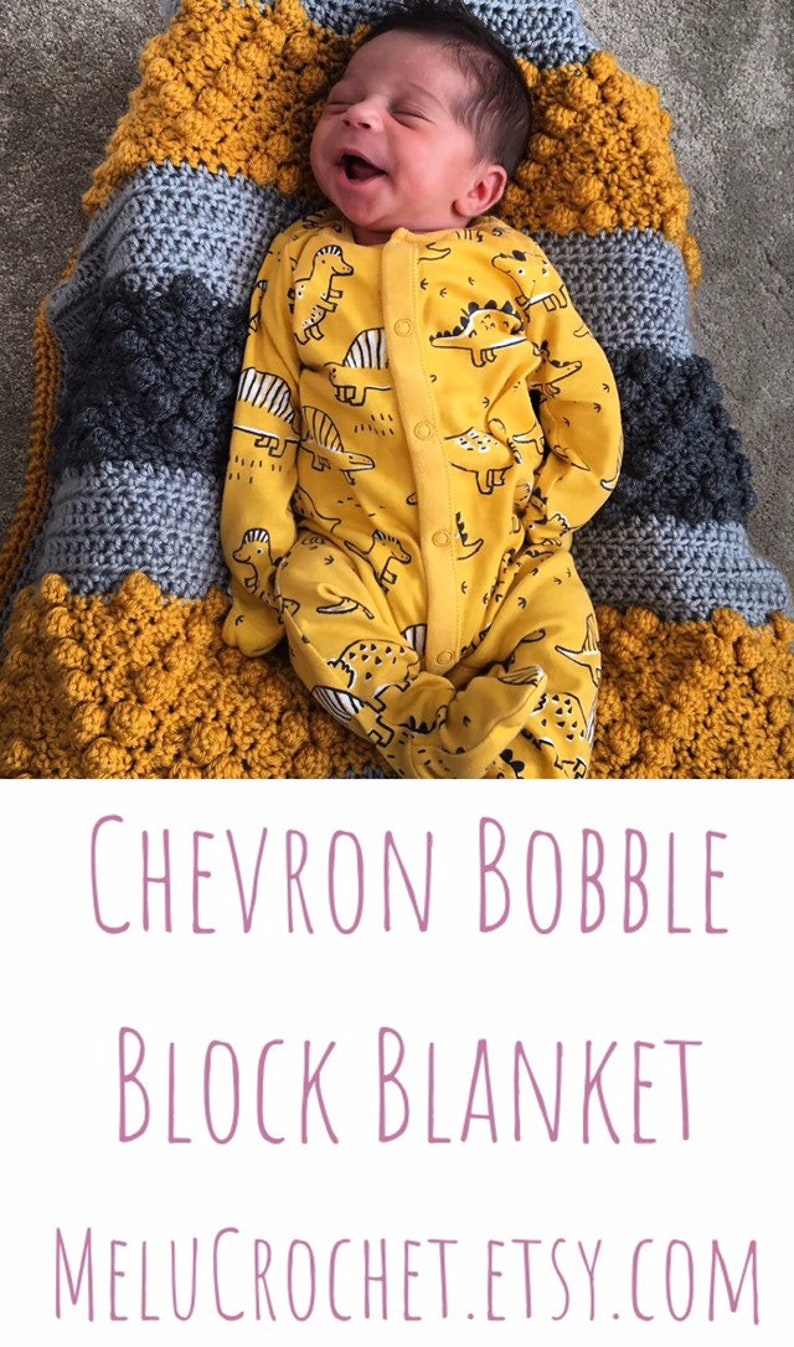 Chevron Bobble Block Blanket Pattern by Melu Crochet easy to read UK & US Baby Afghan comforter and throw for unisex/boy/girl or home image 10