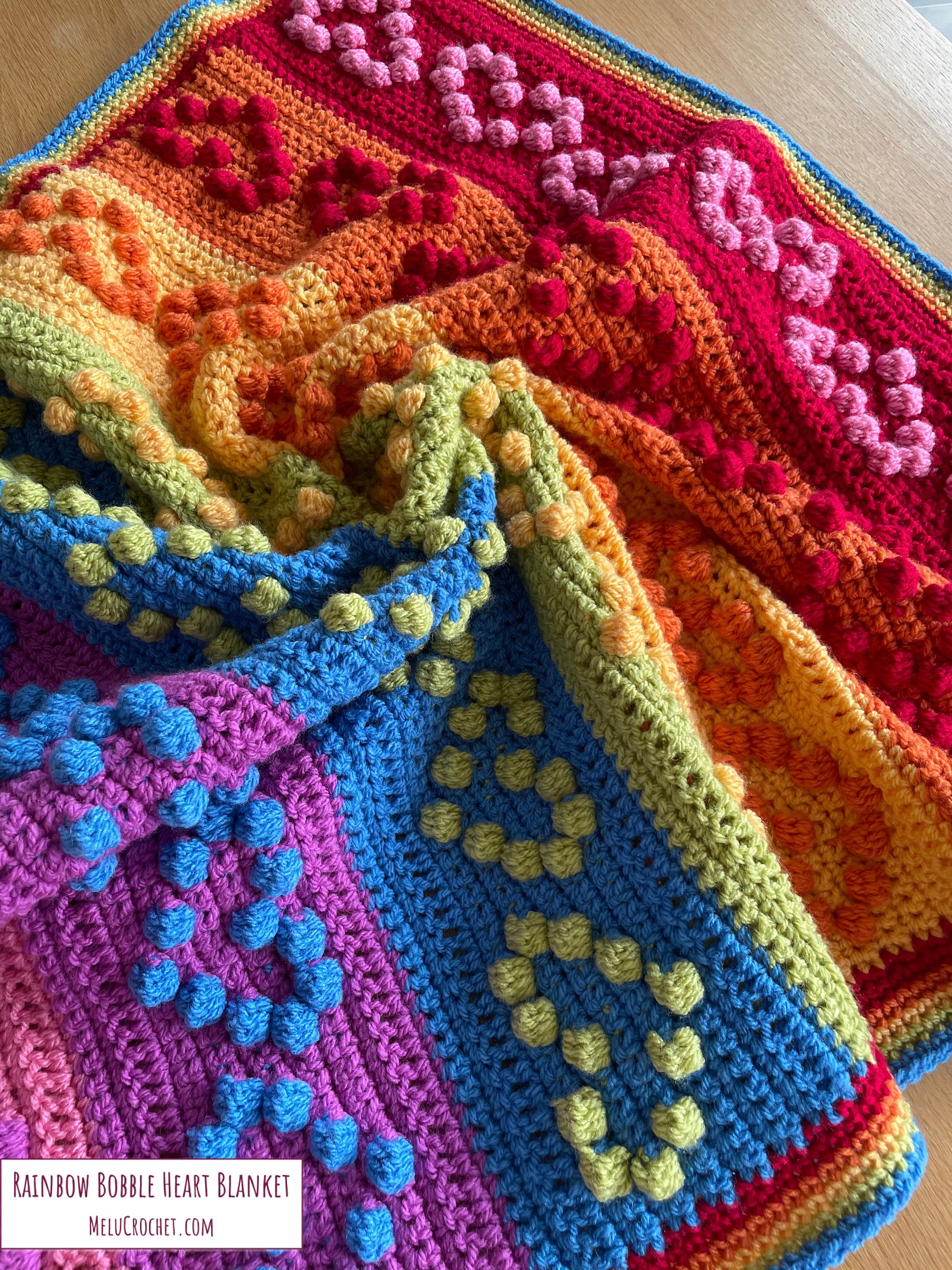 Rainbow Bobble Heart Blanket pattern by Melu Crochet throw Etsy