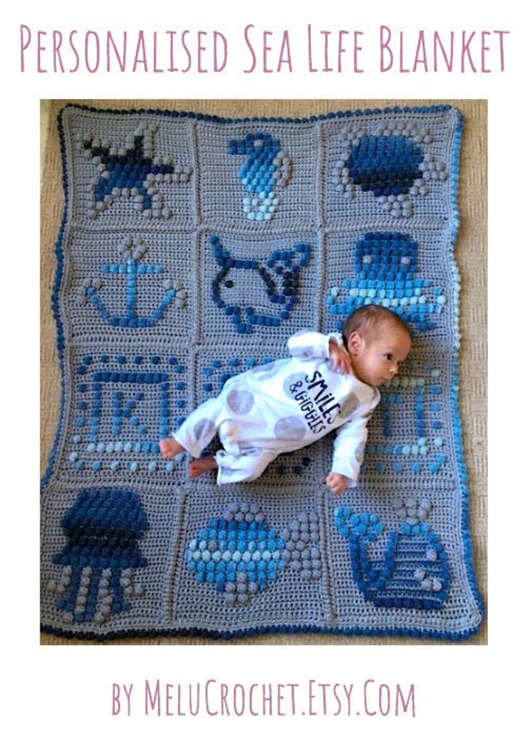 Personalised Sea Life Baby Blanket Pattern by Melu Crochet Add Initials or Name Narwhal Fish Turtle Seahorse Whale starfish and More Etsy Canada