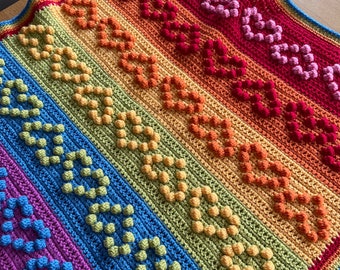 Rainbow Bobble Heart Blanket pattern by Melu Crochet throw comforter and Afghan for unisex/boy/girl/baby or home