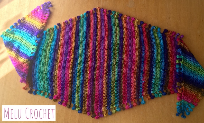 Big Cozy Bobble Pom Pom Shawl Wrap scarf by Melu Crochet pattern self stripe Ladies/womens/woman bobble/popcorn stitch easy quick chart incl image 3