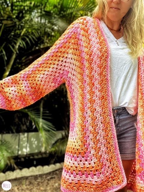 Granny Flexi Hexi Longline Cardi Pattern by Melu Crochet Inclusive