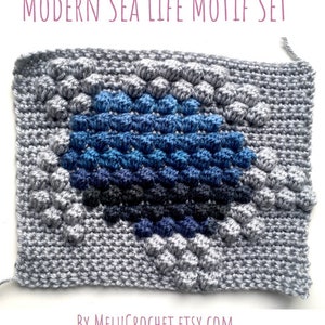 Modern Crochet Bobble stitch chart Squares narwhal, fish, turtle, seahorse, octopus, whale, boat, anchor, jellyfish, starfish Sea Life Motif image 10