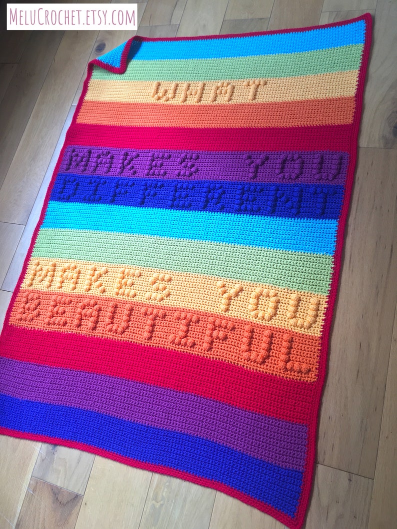 What makes you different makes you beautiful blanket By Melu Crochet pattern Modern rainbow baby nursery bobble stitch Chart/Puff/Popcorn image 1