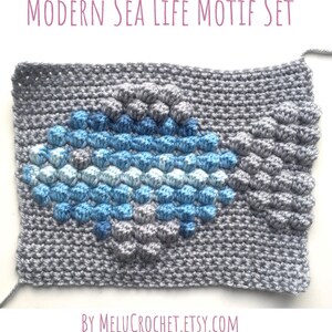 Modern Crochet Bobble stitch chart Squares narwhal, fish, turtle, seahorse, octopus, whale, boat, anchor, jellyfish, starfish Sea Life Motif image 6