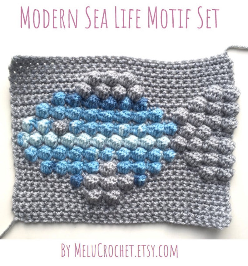 Modern Crochet Bobble stitch chart Squares narwhal, fish, turtle, seahorse, octopus, whale, boat, anchor, jellyfish, starfish Sea Life Motif image 6