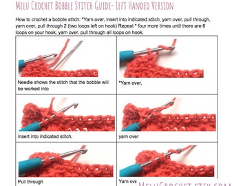 Bobble Stitch guide LEFT HANDED version PDF by Melu Crochet, help, how-to, step by step guide